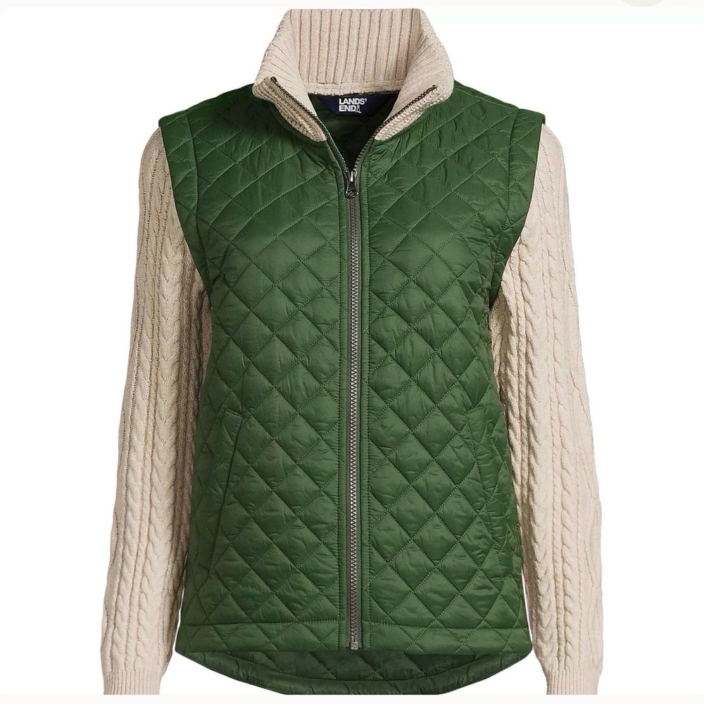 Lands' End Quilted Green Vest with Cream Sleeves